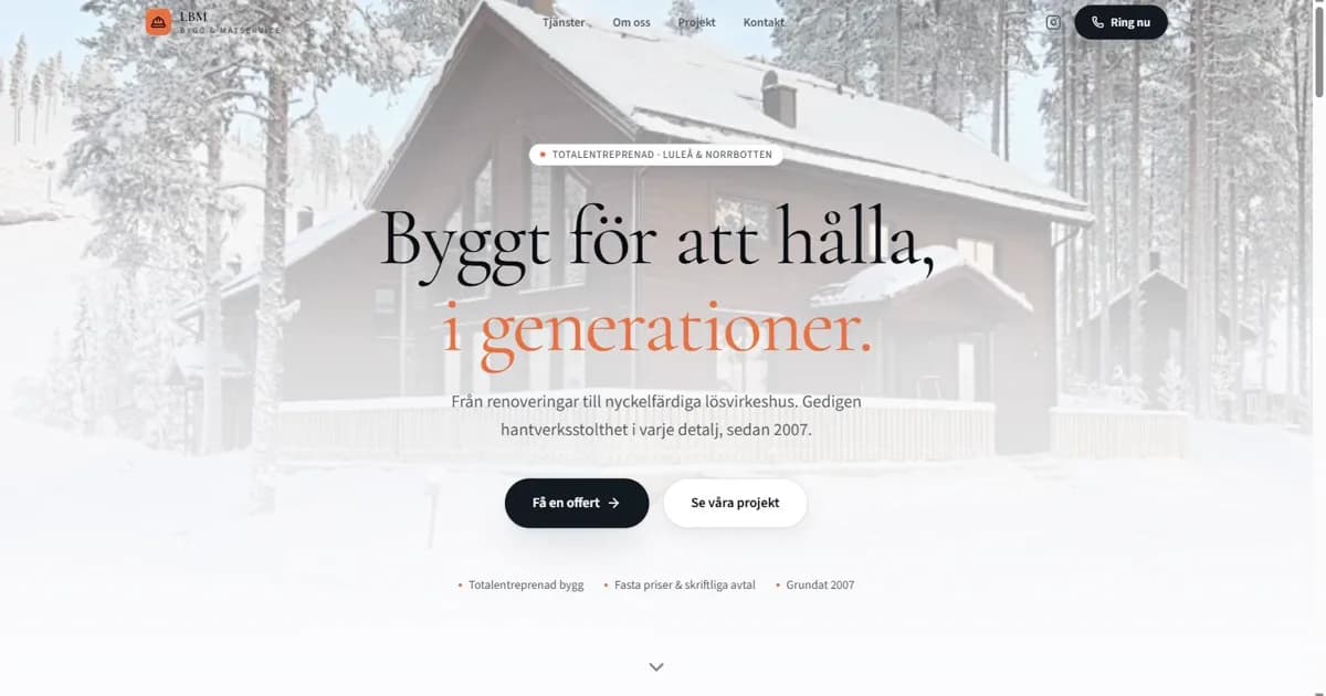 Startsidan på lbm-ab.com, byggd av Dalboviken Media