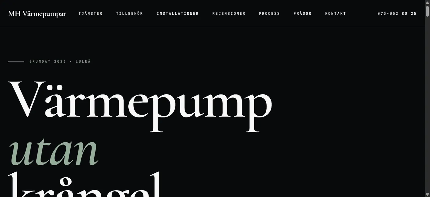 Startsidan på mhvarmepumpar.se, byggd av Dalboviken Media